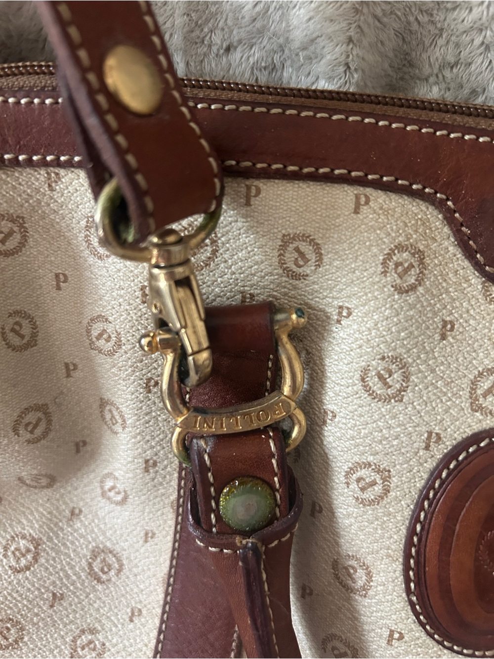 Pollini Satchel Bag Purse Brown Vintage Italian Leather Monogram Double Handle - Picture 4 of 12